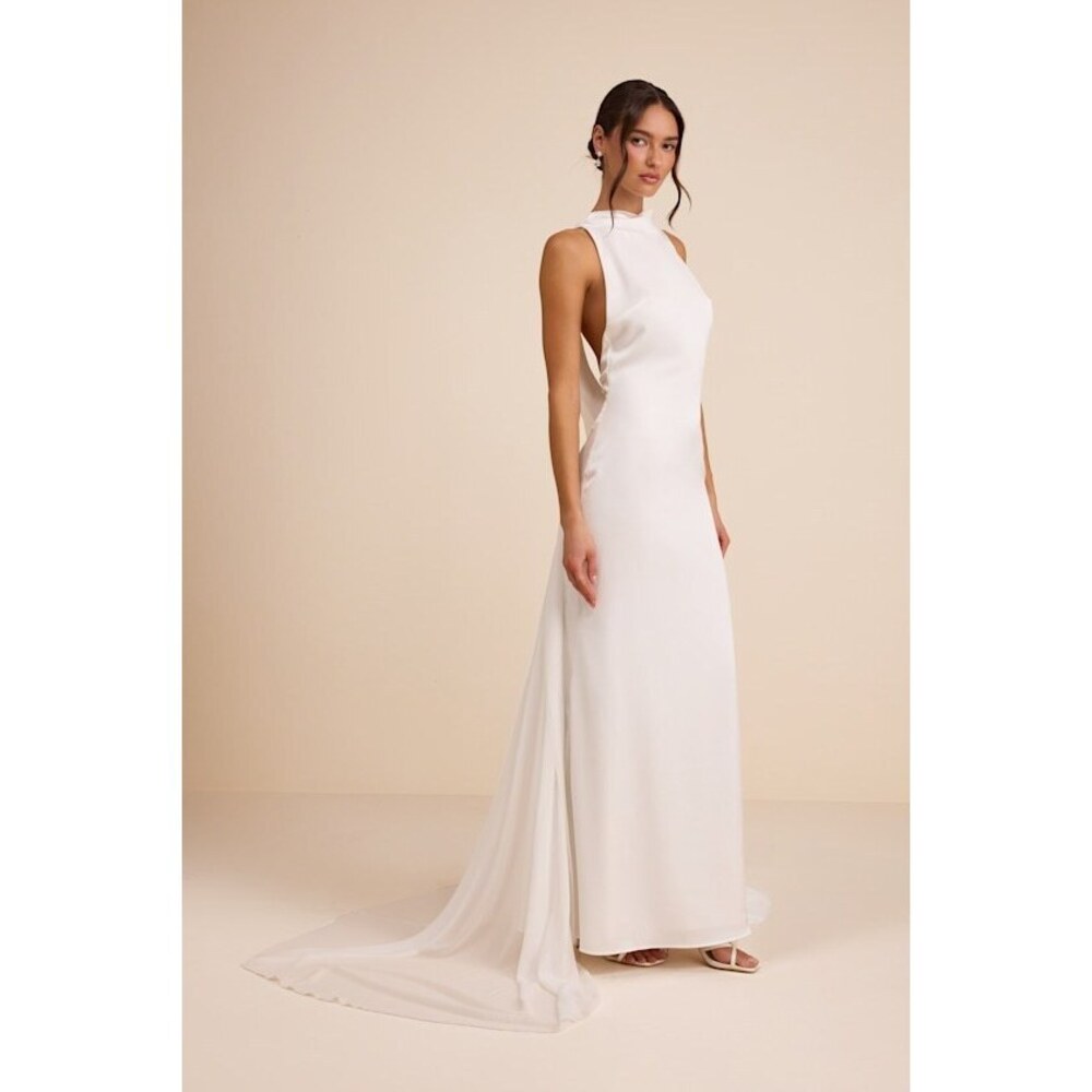 Lulus Perilla White Satin Mock Neck Column Maxi Dress - Size XL
